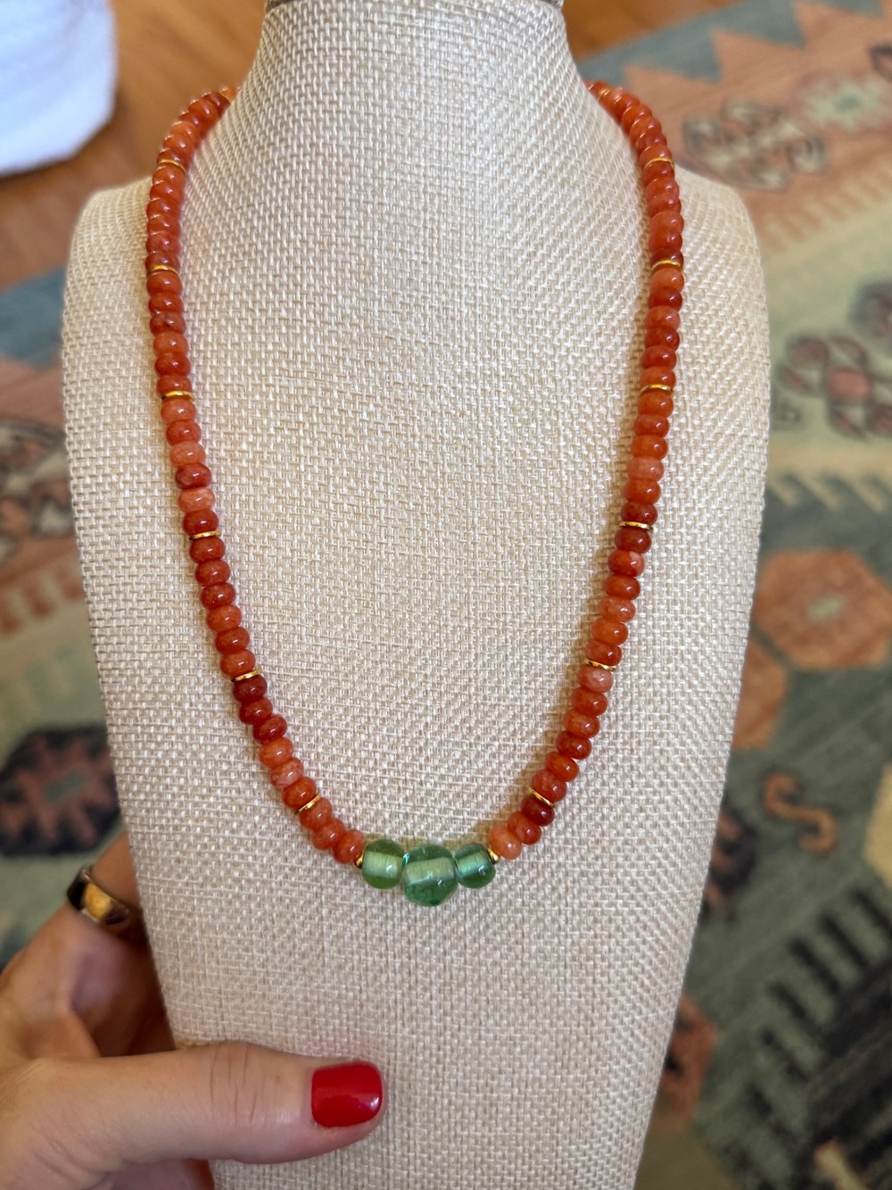 Red Beaded Necklace with Green Accent Beads by
